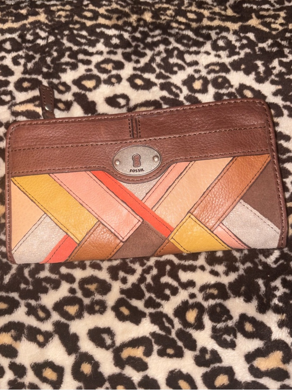 Fossil Brown Leather Zip Wallet with Multicolor Chevron Inlay